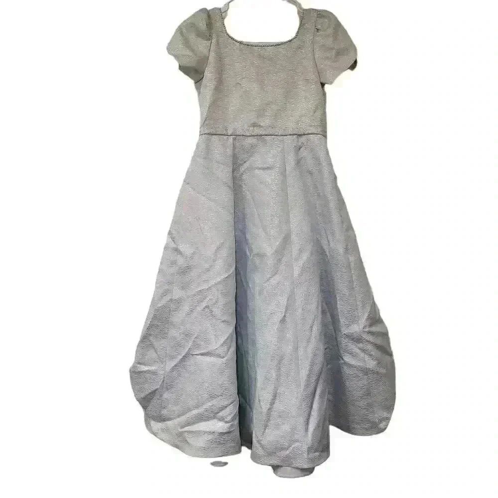𝅺Girl's Vintage Ice Blue & Silver Acetate Jacquard Satin w Tulip Short Sleeves